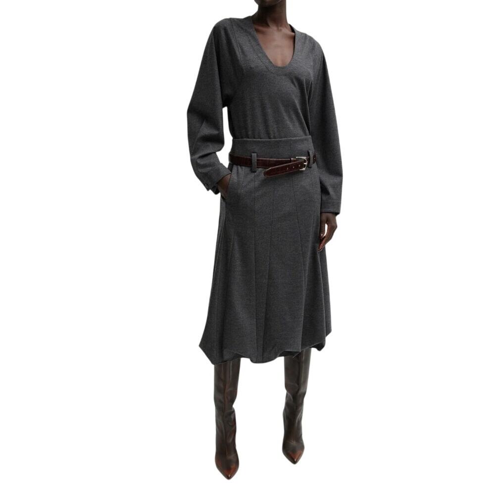 Tibi Gray Wool Melange Jersey Tucked Panel Midi Skirt SZ 6 NEW Minimalistic Chic